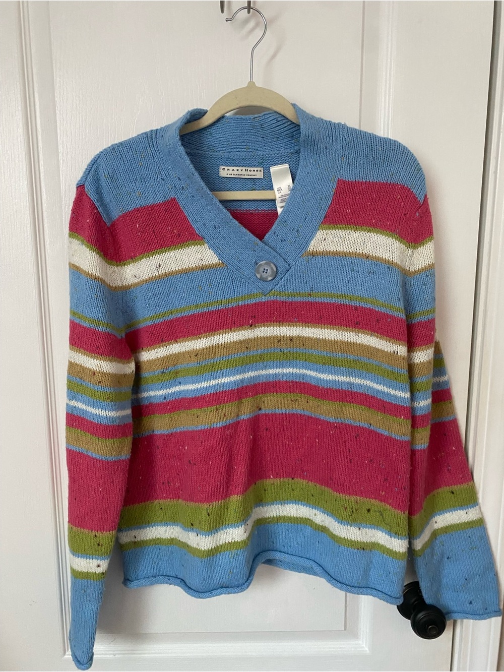 Craftworks Striped V-Neck Sweater in Blue, Pink & Green